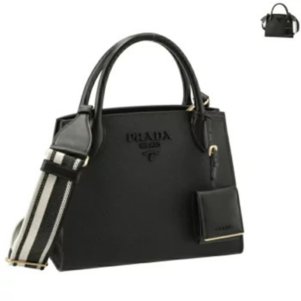 Prada Saffiano Monochrome Tote Bag Logo Belt Handbag - Picture 1 of 8